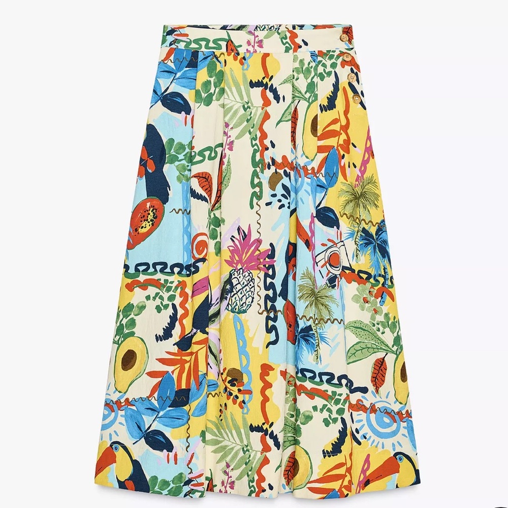 ZARA Tropical Print Layered Midi Skirt